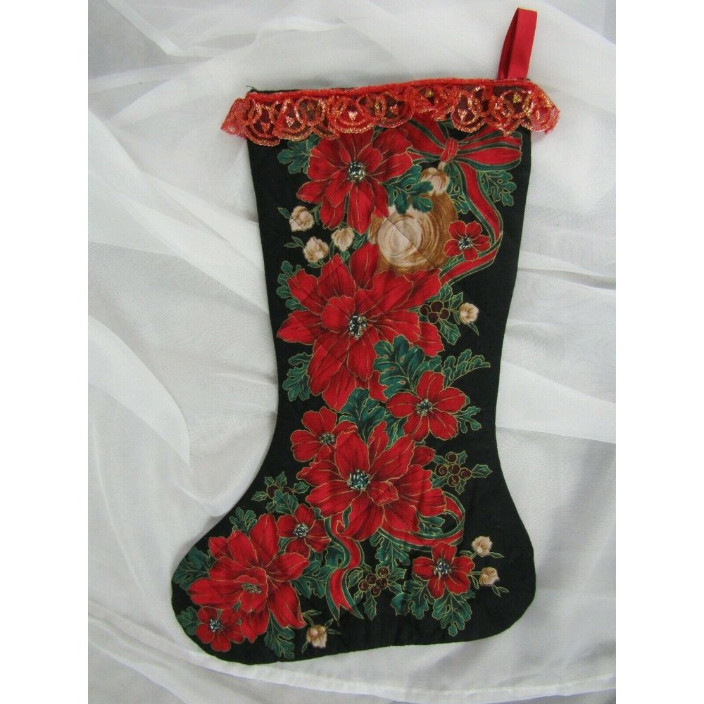 Handmade Quilted Christmas Stocking Poinsettia Floral Lace Black Red